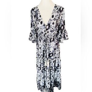 MAHLI the Label black/white/gray floral button front drawstring tie maxi size S